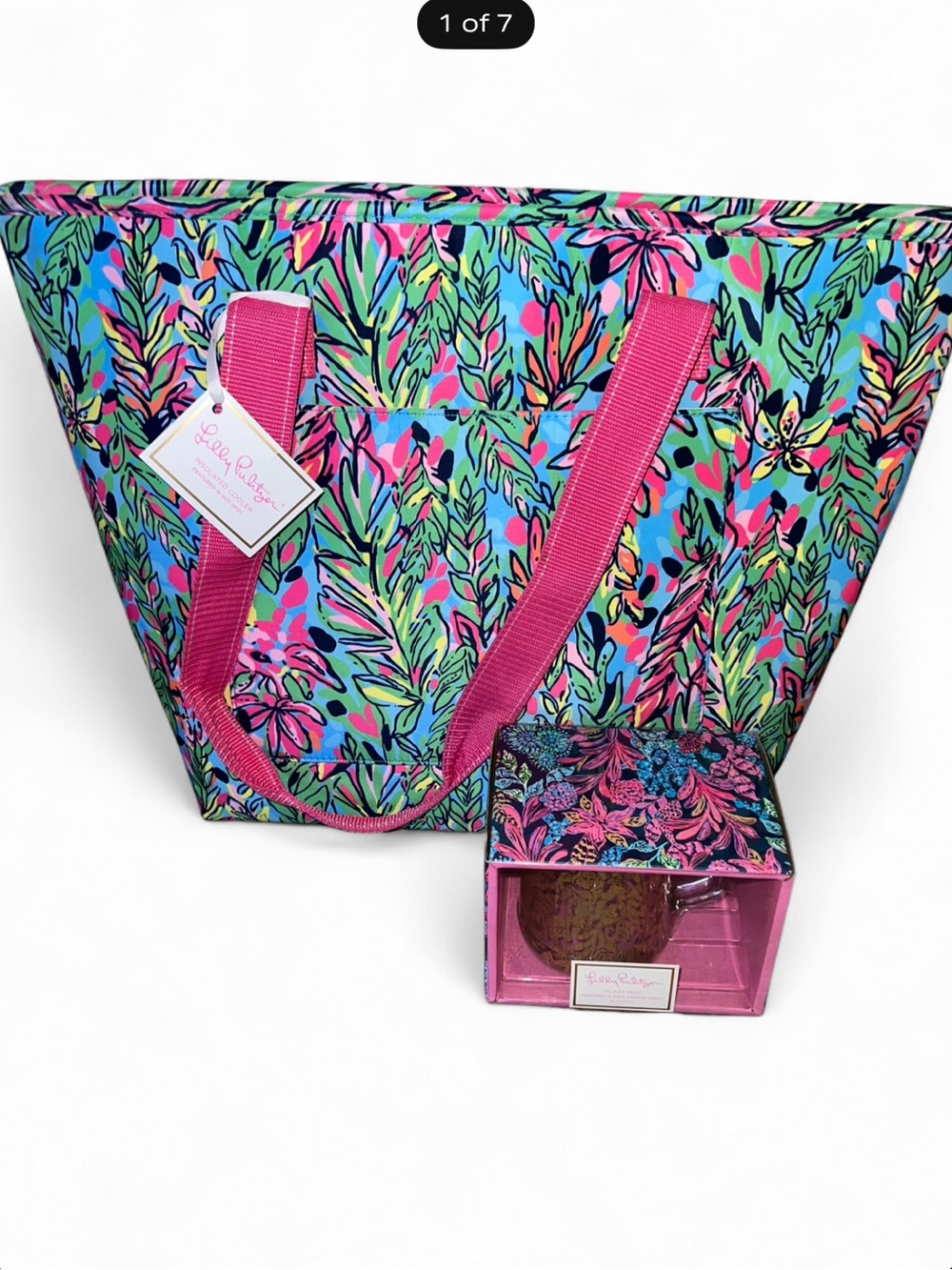 Lilly Pulitzer Insulated Cooler in Hot Spot & Glass Mug in Gold Calypso Coast